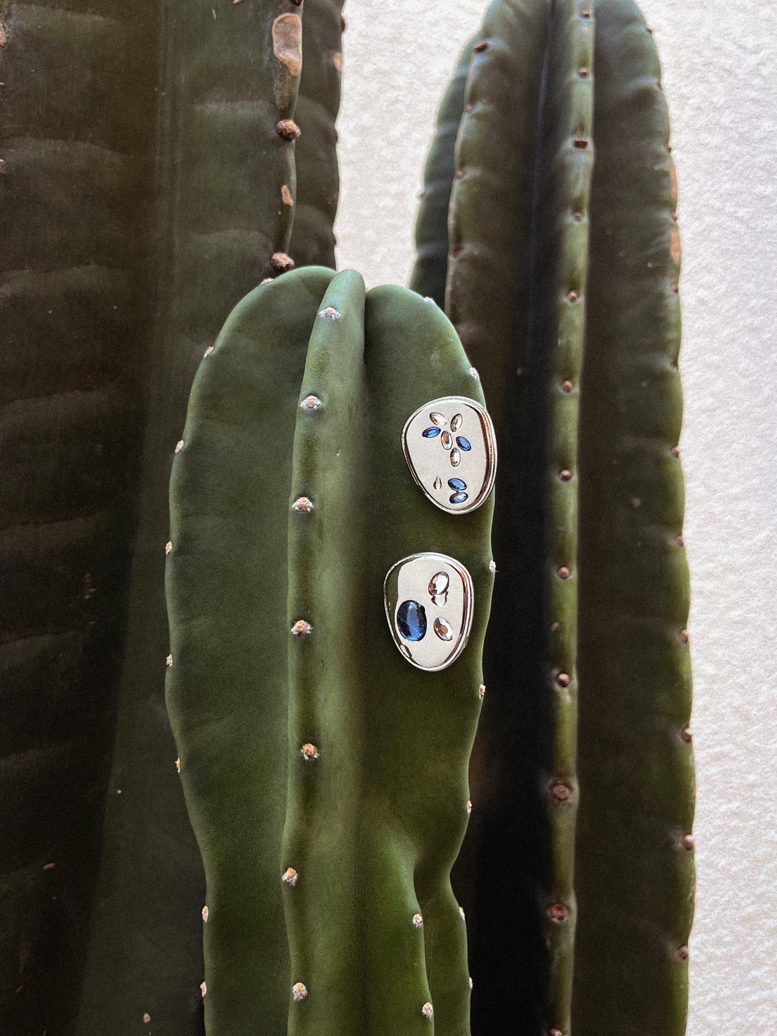 The Seed Earring: Silver-plated asymmetrical earrings with cabochon crystals — in clear and blue - pinned on a cactus. 