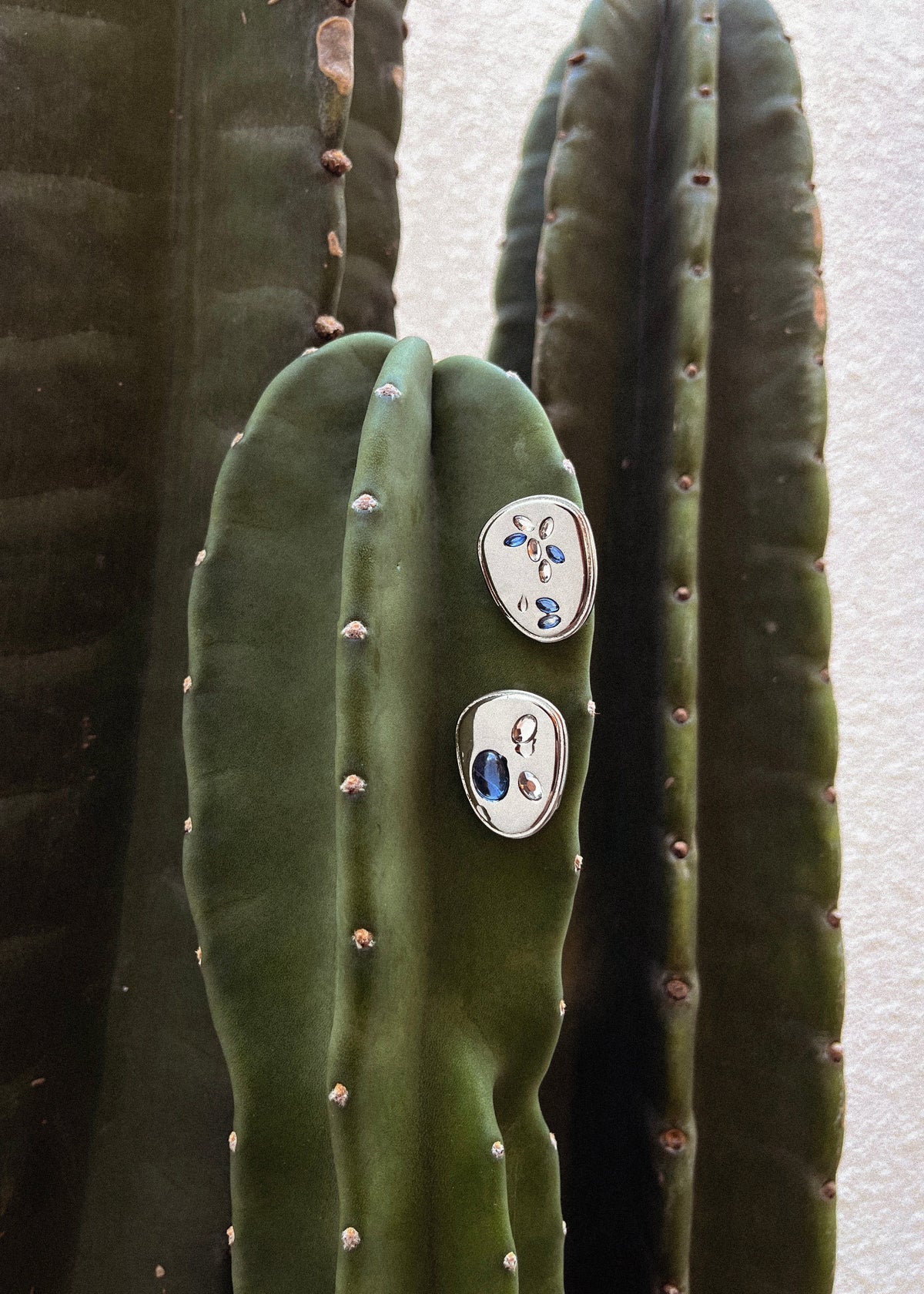 The Seed Earring: Silver-plated asymmetrical earrings with cabochon crystals — in clear and blue - pinned on a cactus. 