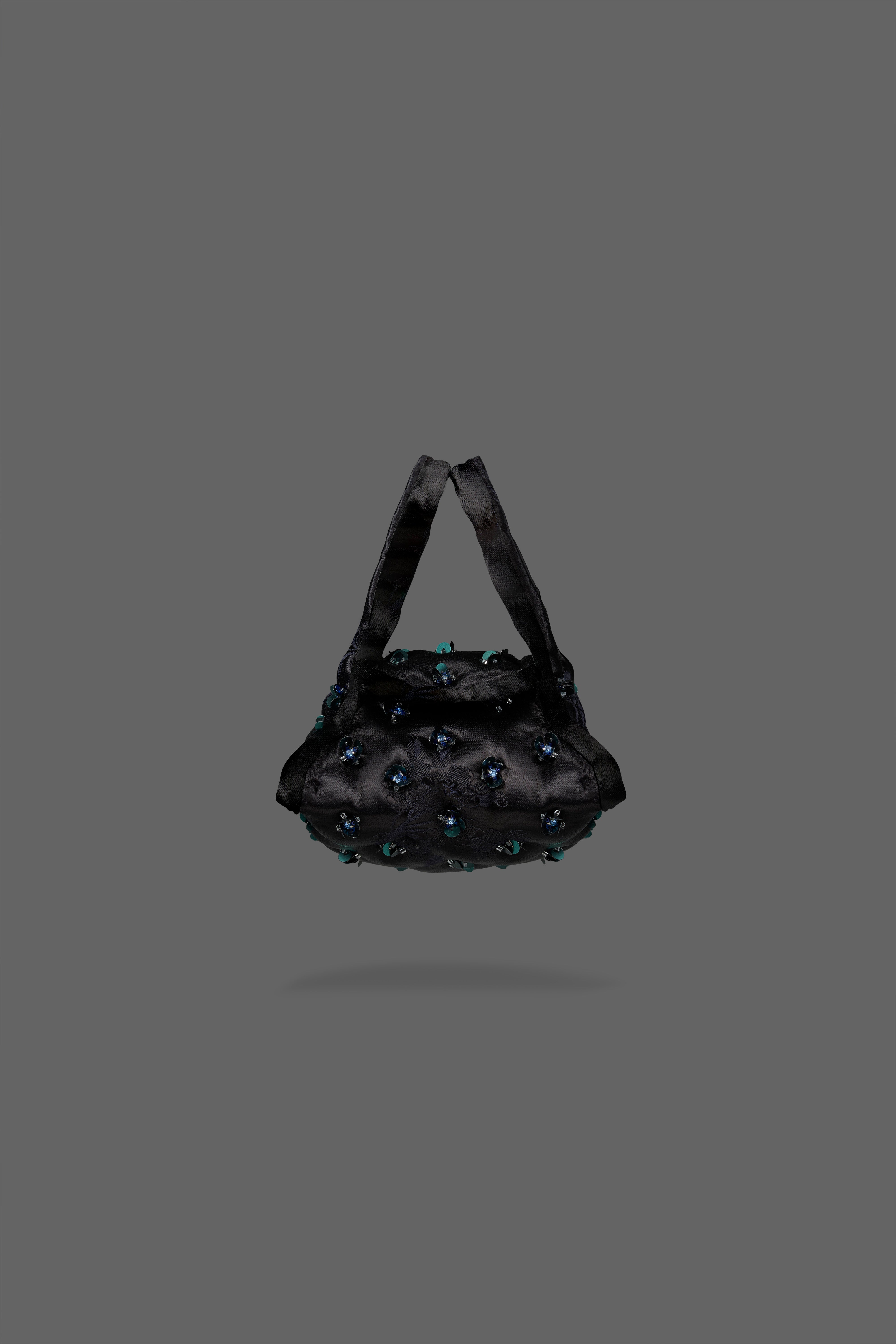 Mini Pillow fabric bag in Black Flower Print Satin with