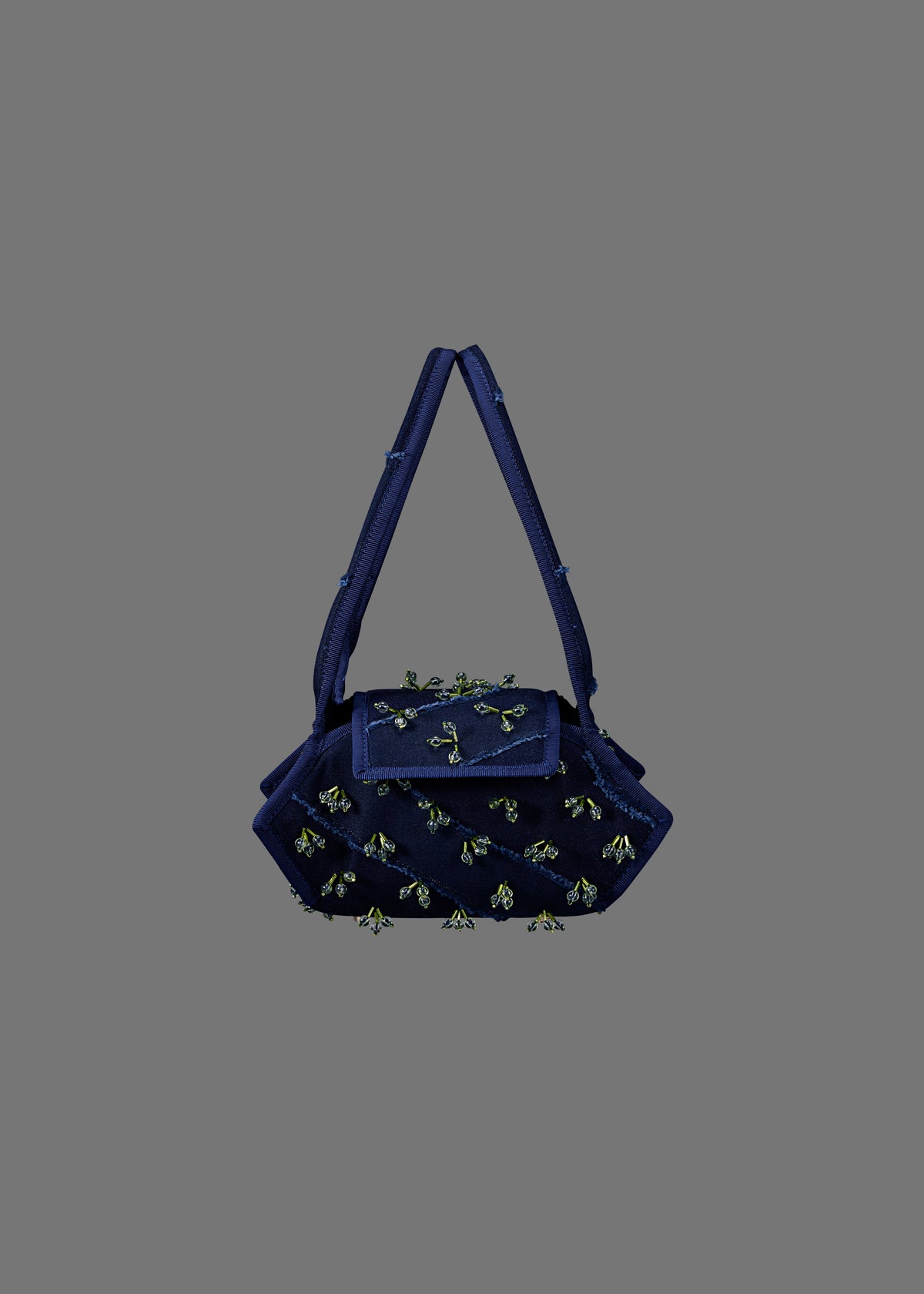 Swing Fabric Bag in Color Wave Pattern Indigo Denim in Blue Binding With Acid Green Crystal Tassel Bead