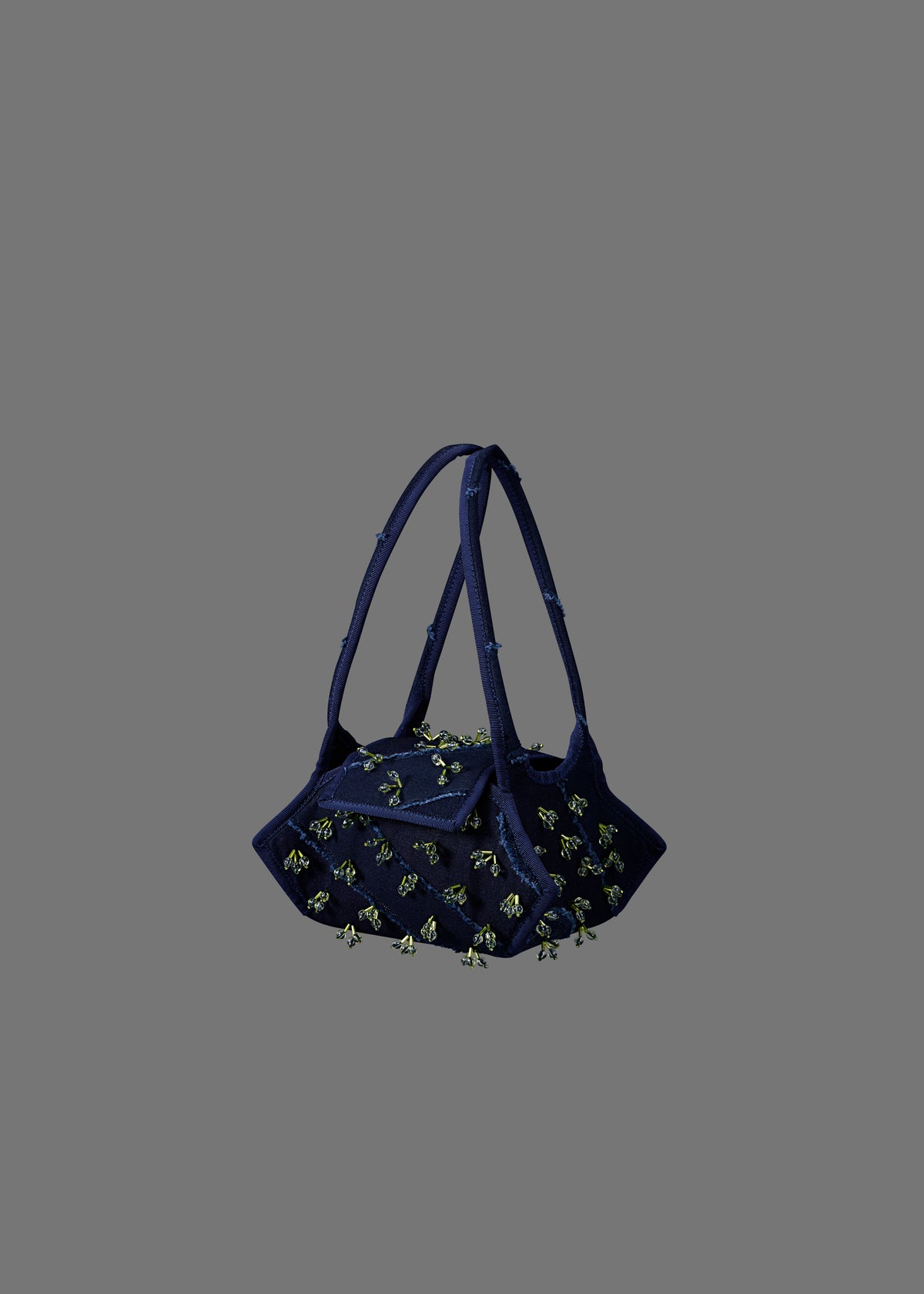 Swing Fabric Bag in Color Wave Pattern Indigo Denim in Blue Binding With Acid Green Crystal Tassel Bead